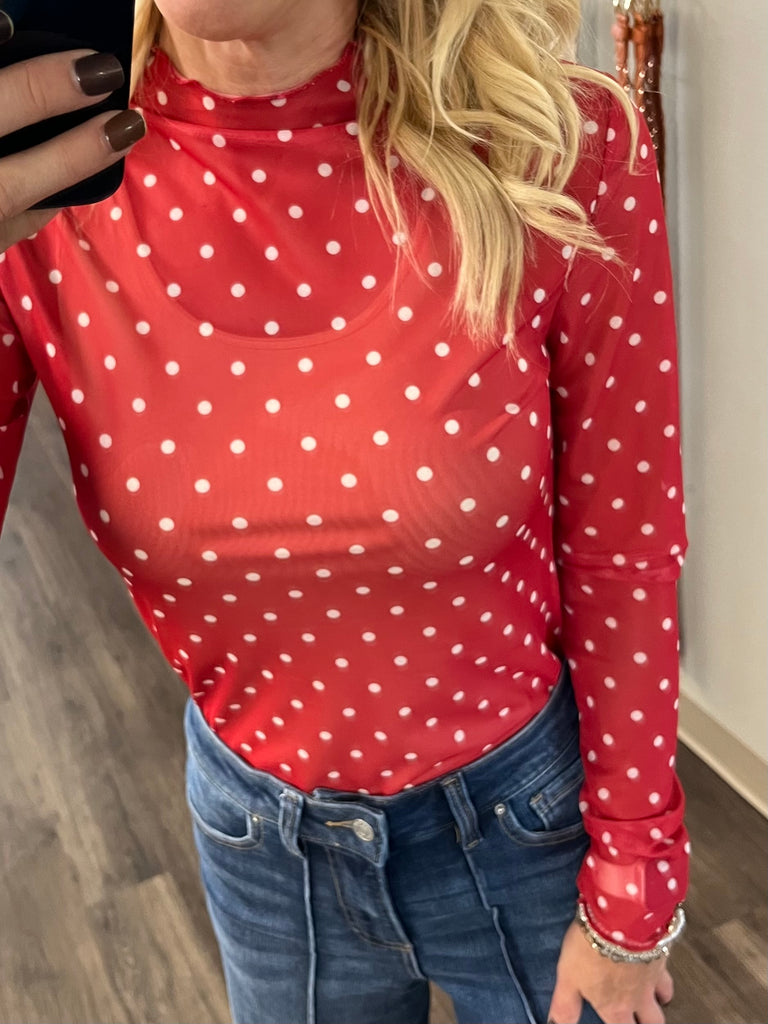 Sheila Long Sleeve Mesh Polka Dot - Red/White