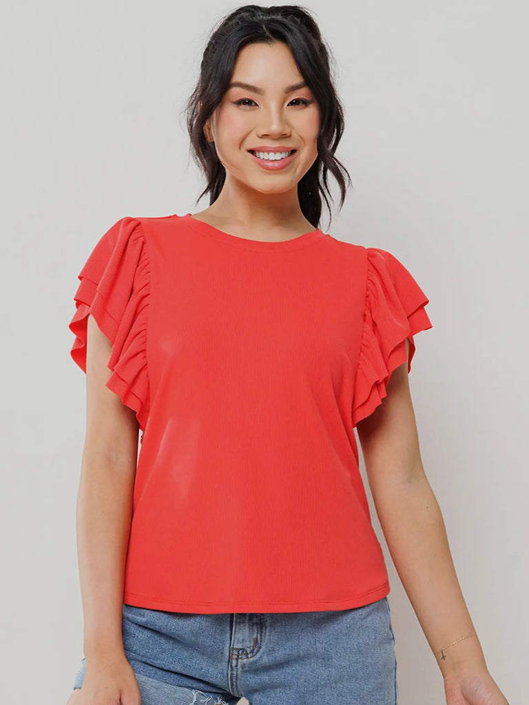 Adelaine Ribbed Ruffle Sleeve - Tomato