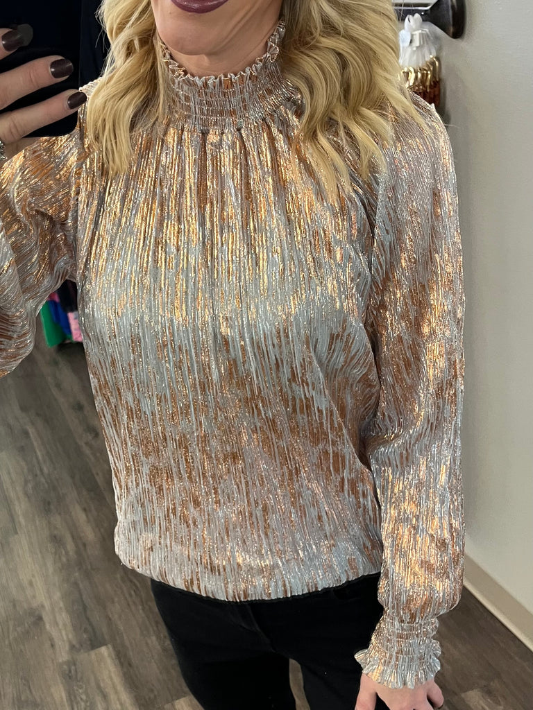 Jade Metallic Smocked Neck Blouse