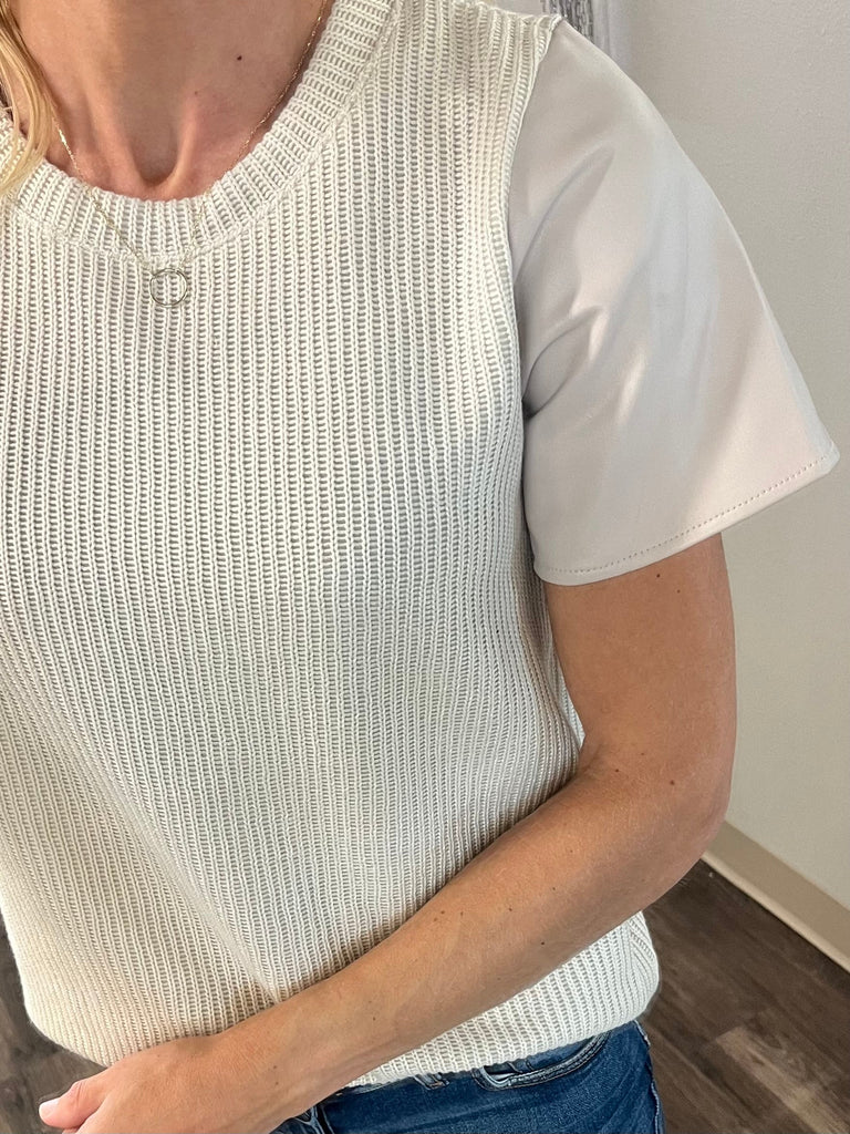 Kesley Leather Sleeve Top- Cream