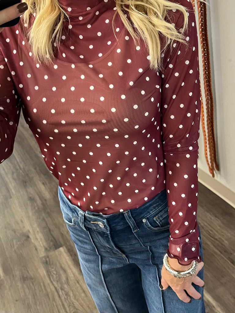 Sheila Long Sleeve Mesh Polka Dot - Maroon/White