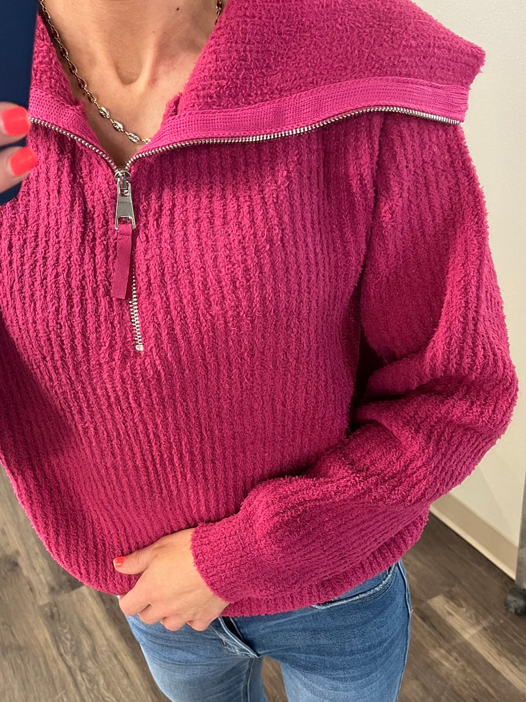 Rose Plush Zip Sweater - Magenta