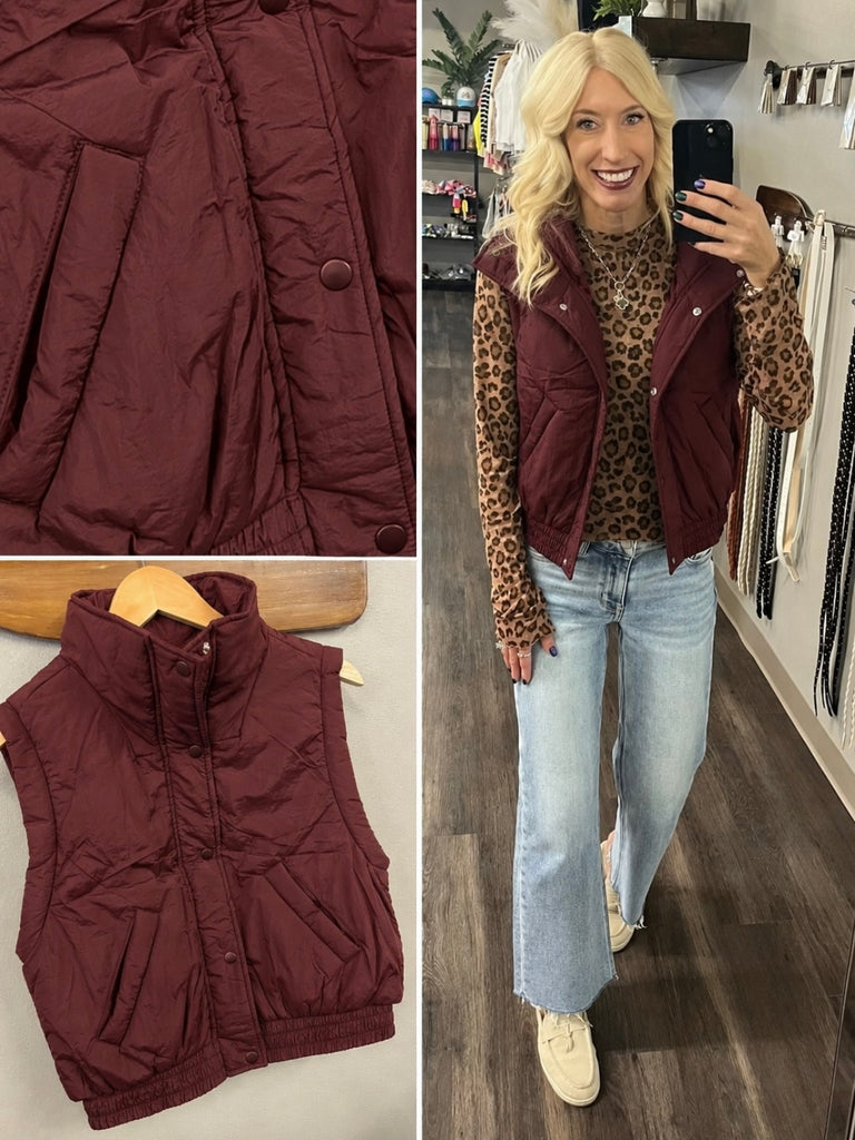Sierra Snap Puffer Vest - Burgundy