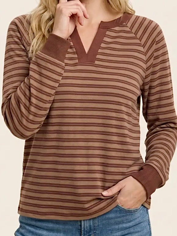 Karina Striped V-Neck Slit Brown/Burgundy