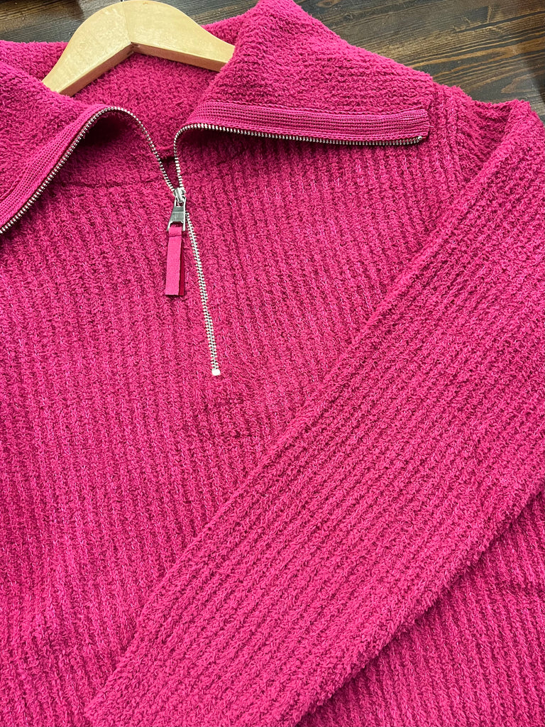 Rose Plush Zip Sweater - Magenta