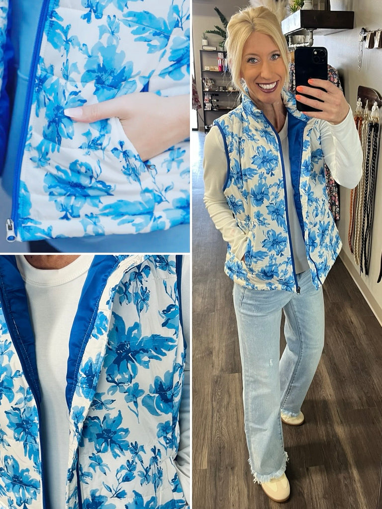Delilah Puffer Vest- Blue Eternal Blossom