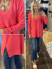 Kristin Soft Waffle V-Neck Sweater - Pink