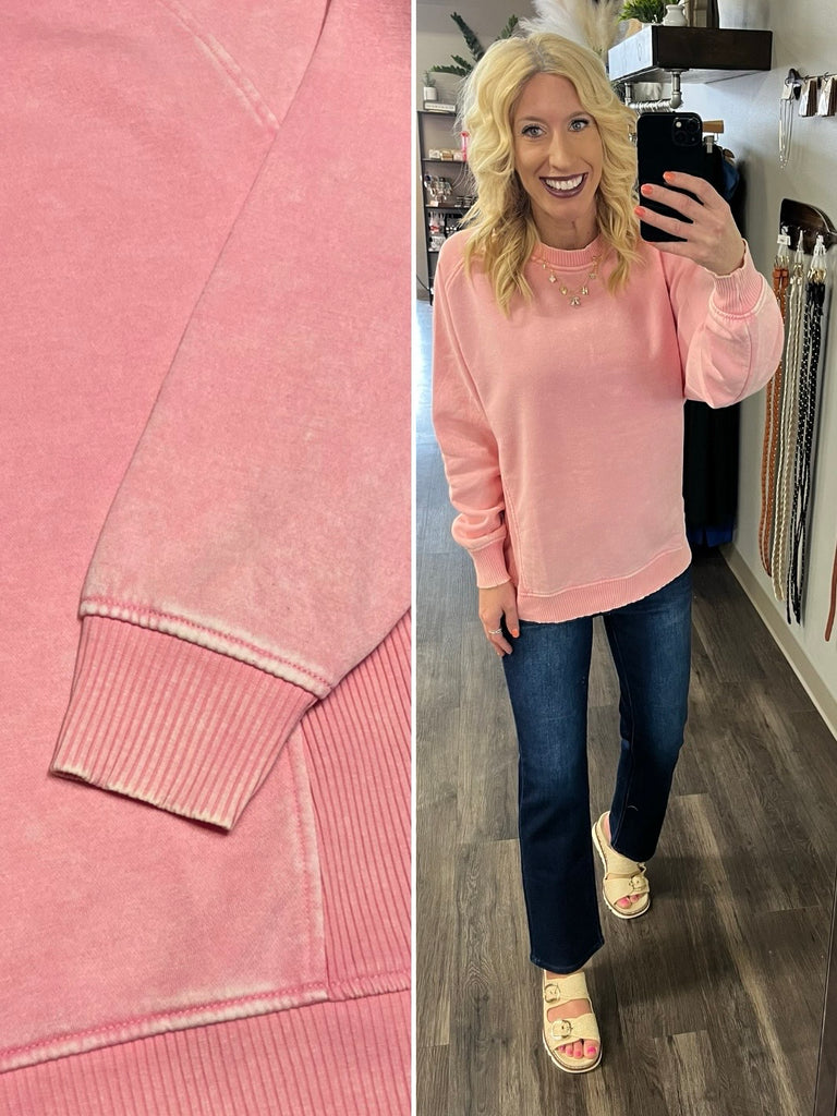 Riley Ribbed Accent Pullover - Mineral Washed Blush