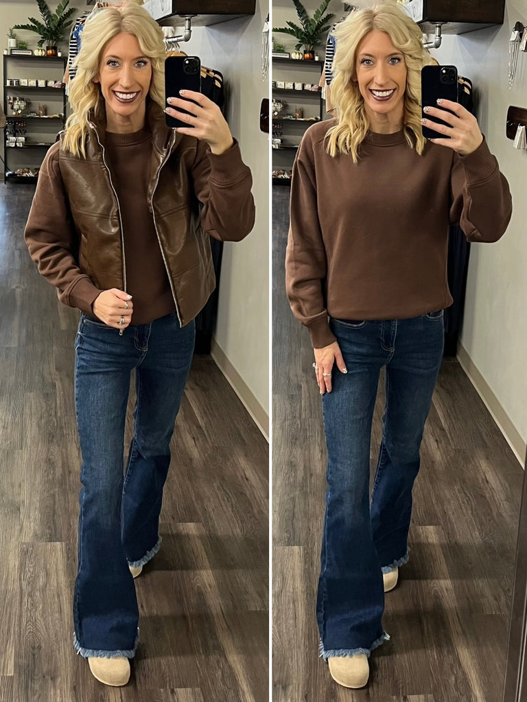 Riley Ribbed Accent Pullover - Brown