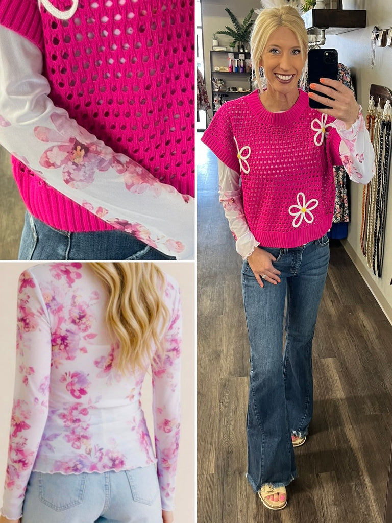 Hanna Mesh Long Sleeve Top - Pink/Purple