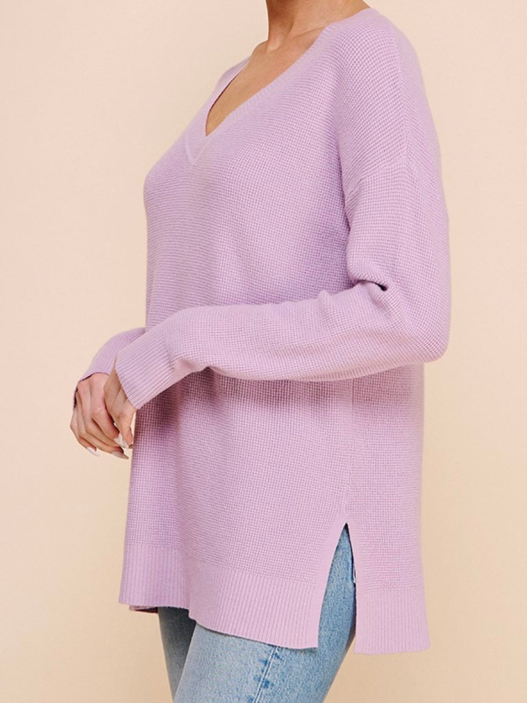 Kristin Soft Waffle V-Neck Sweater - Lilac