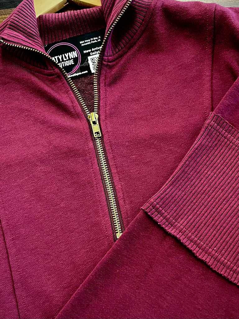 Lindsey Ribbed Accent 1/4 Zip - Maroon
