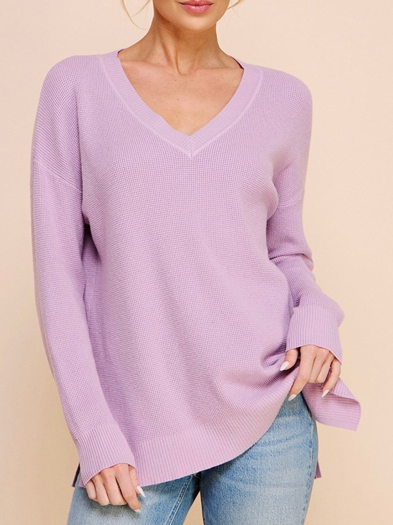 Kristin Soft Waffle V-Neck Sweater - Lilac