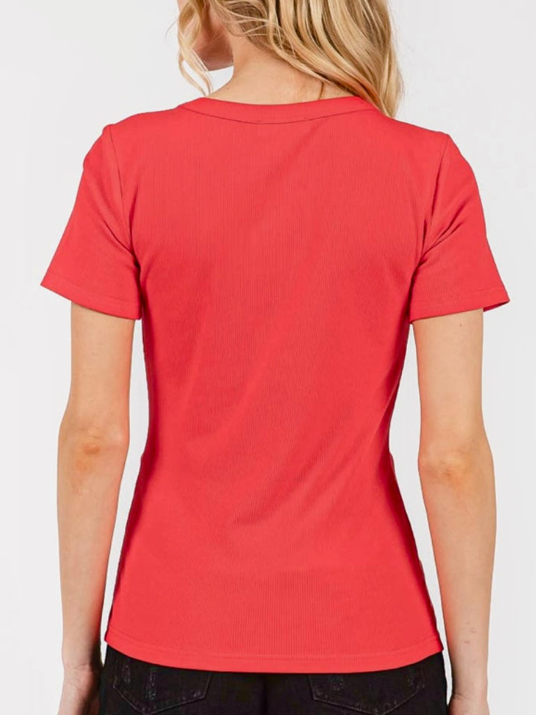 Amara Ribbed Short Sleeve Tees - Red