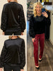 Kennadie Sequin Sleeve Velvet Blouse - Black