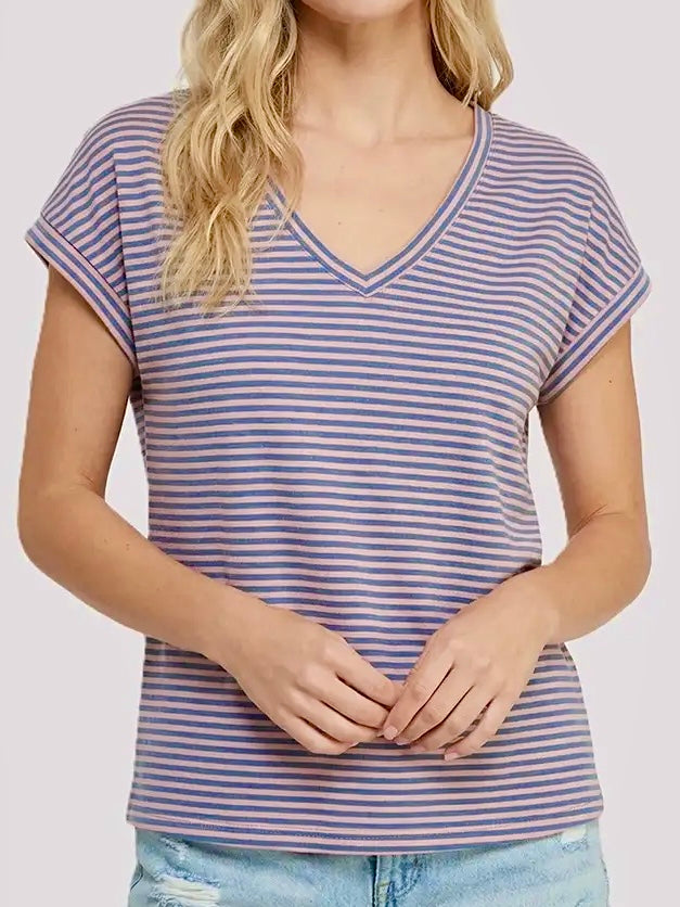 Tiff Striped Short Sleeve - Pink/Denim Blue