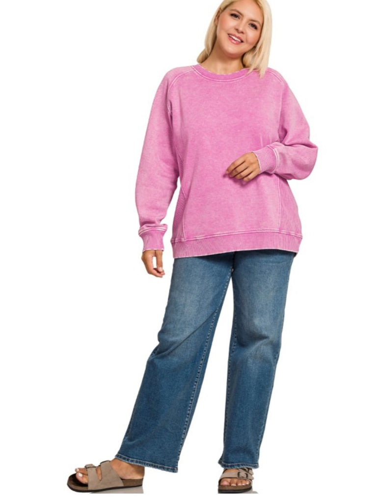 Riley Ribbed Accent Pullover - Mineral Washed Mauve - PLUS