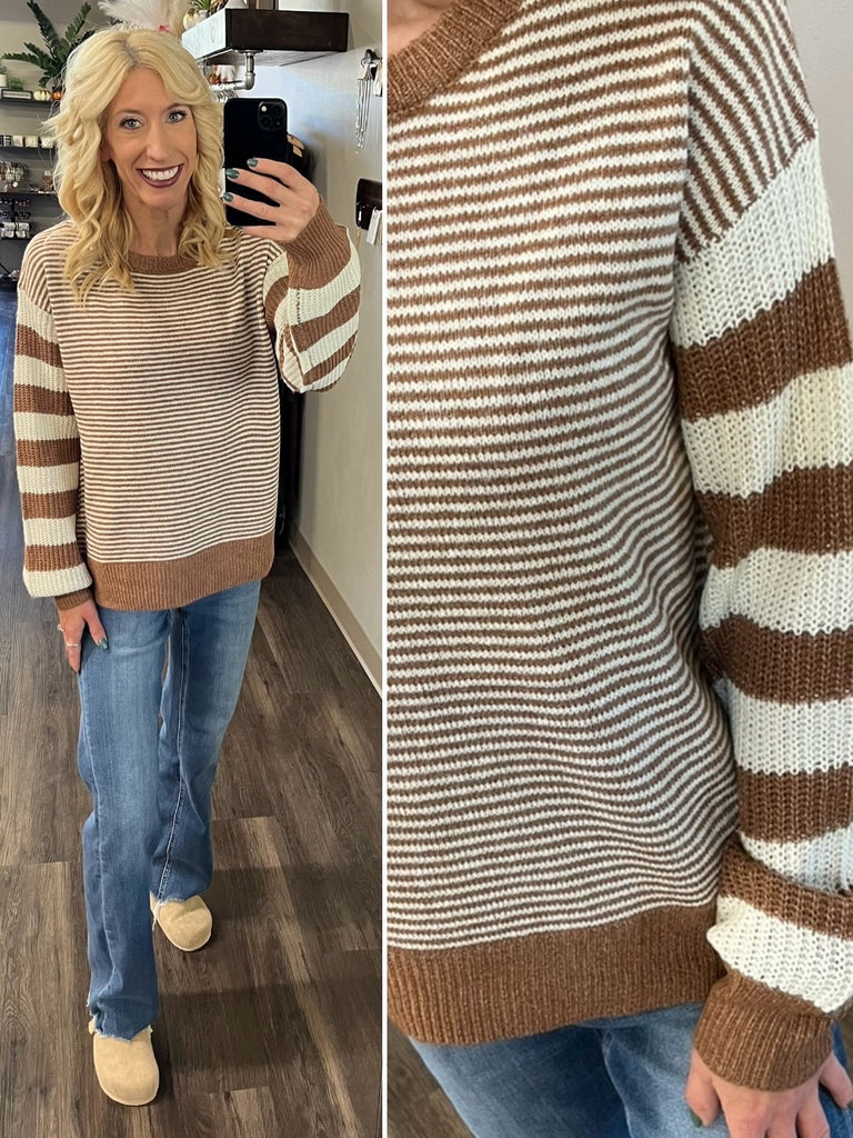 Julie Striped Accent Sweater - Camel