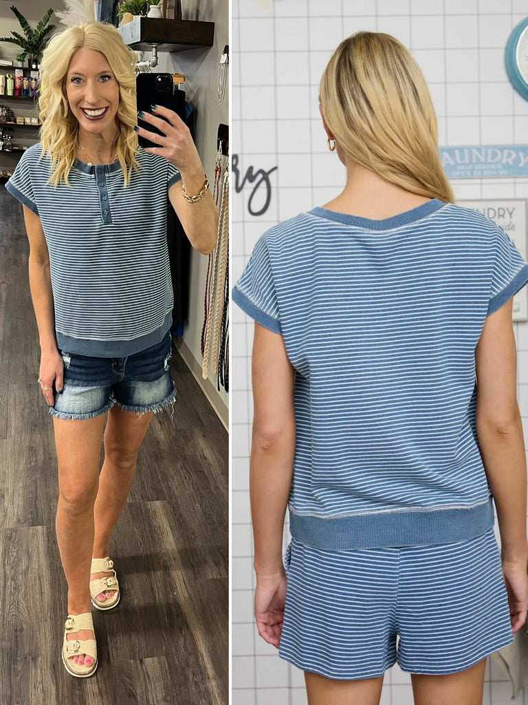 Jodi Stripe Henley Top - Denim