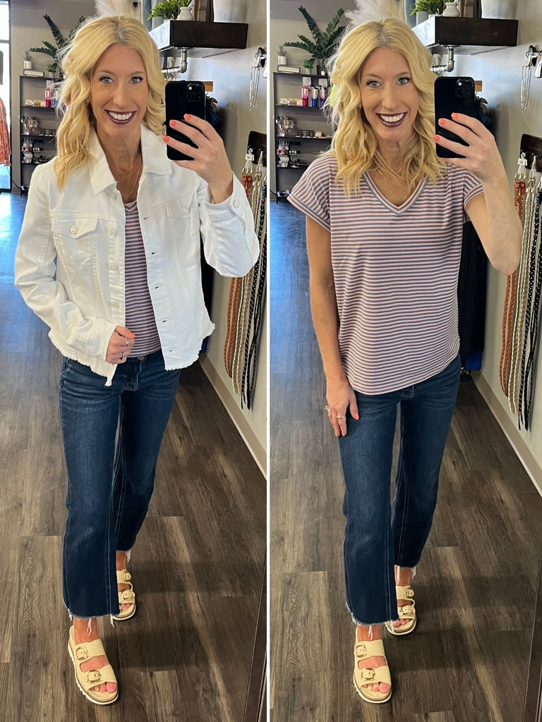 Tiff Striped Short Sleeve - Pink/Denim Blue