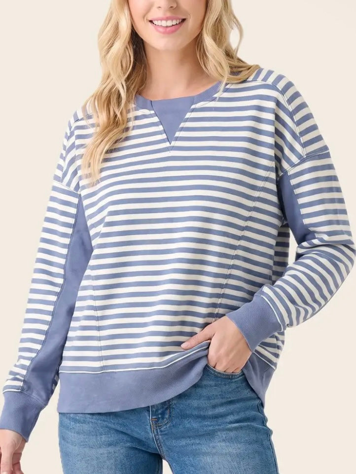 Aubrey Color Blocked Striped Crewneck - Blue