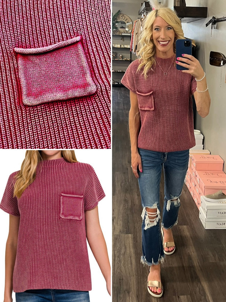 Hanna Short Sleeve Pocket Sweater - Merlot