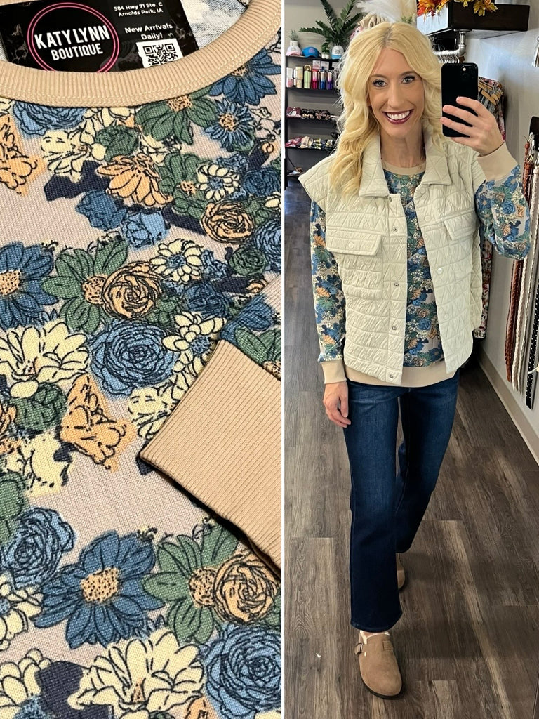 Louella Floral Long Sleeve - Blue/Taupe