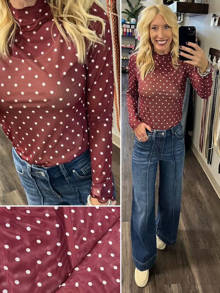 Sheila Long Sleeve Mesh Polka Dot - Maroon/White