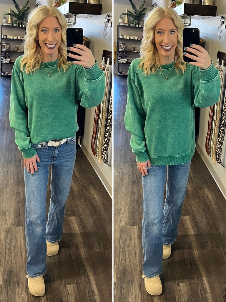 Riley Ribbed Accent Pullover - Mineral Green