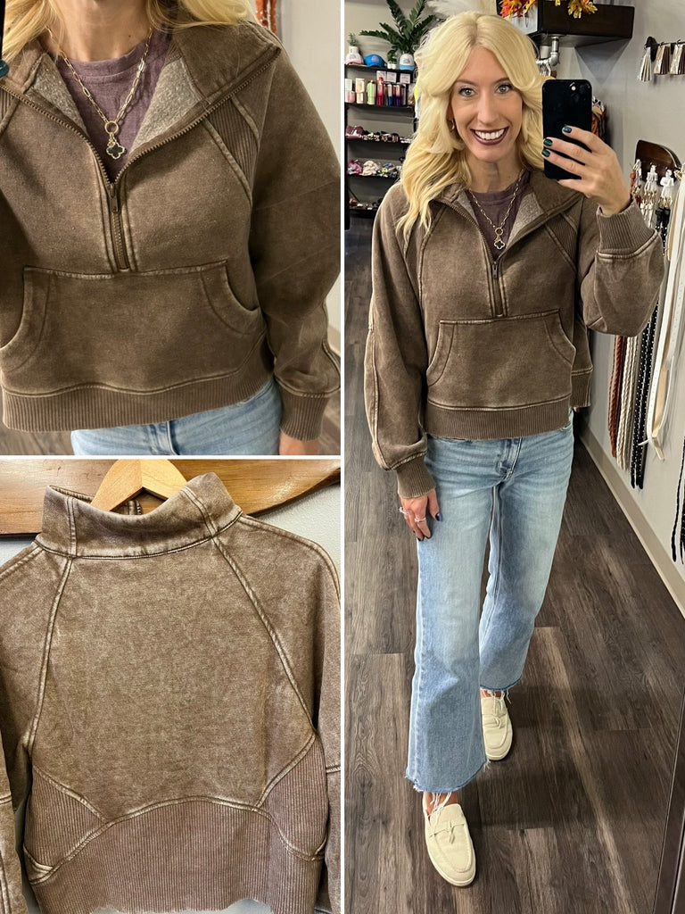 Dolly 1/4 Zip Acid Wash - Mocha