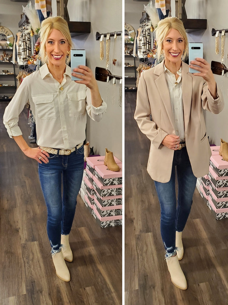 Trina Button-Up - Ivory/Taupe