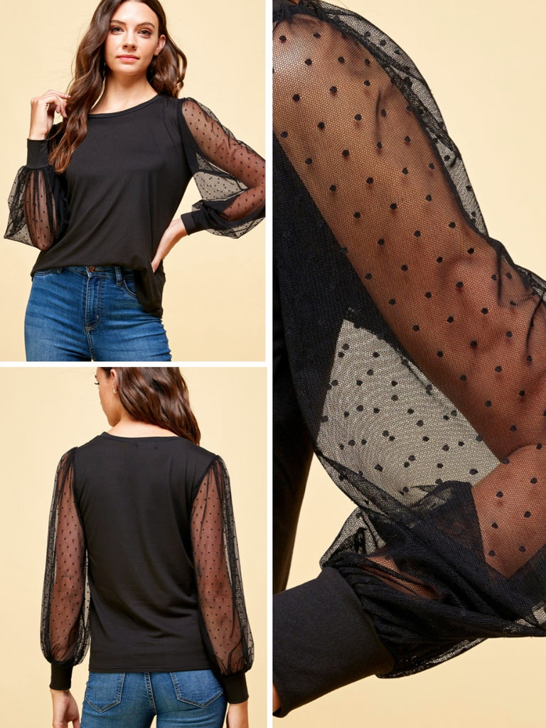 Sonya Mesh-Sleeve Blouse - Black