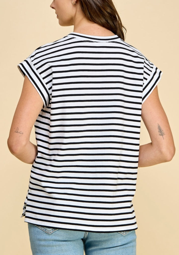 Britt Black & White Striped Cap Sleeve Tee