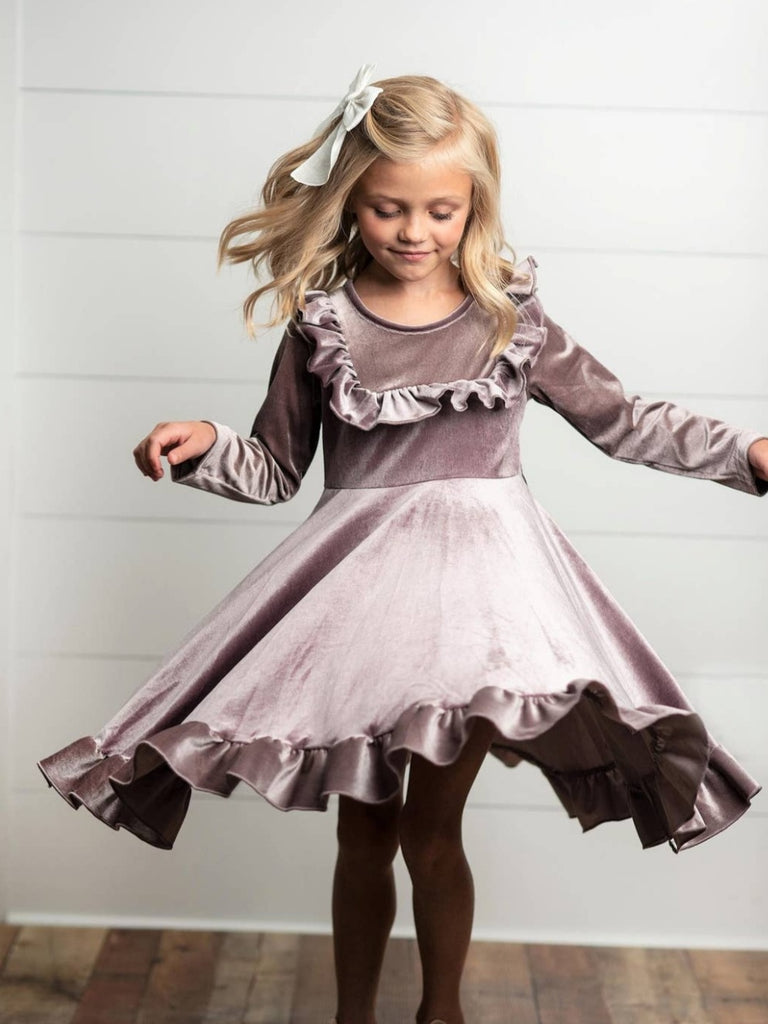 Lena Velvet Ruffle Dress - Plum - KIDS