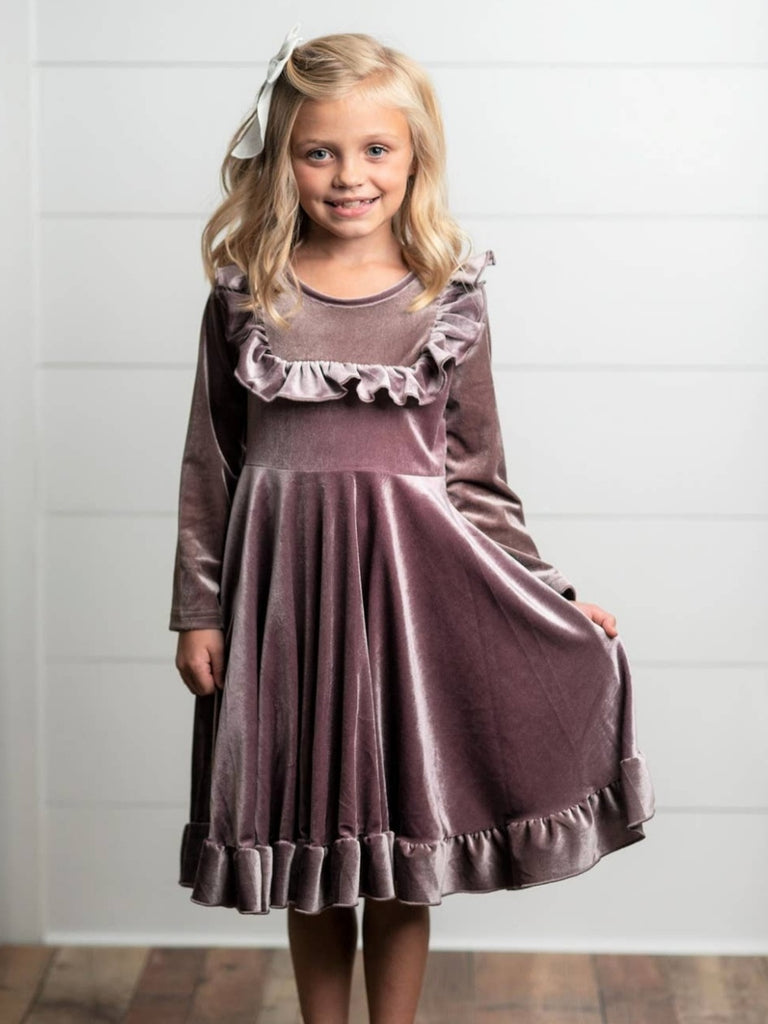 Lena Velvet Ruffle Dress - Plum - KIDS