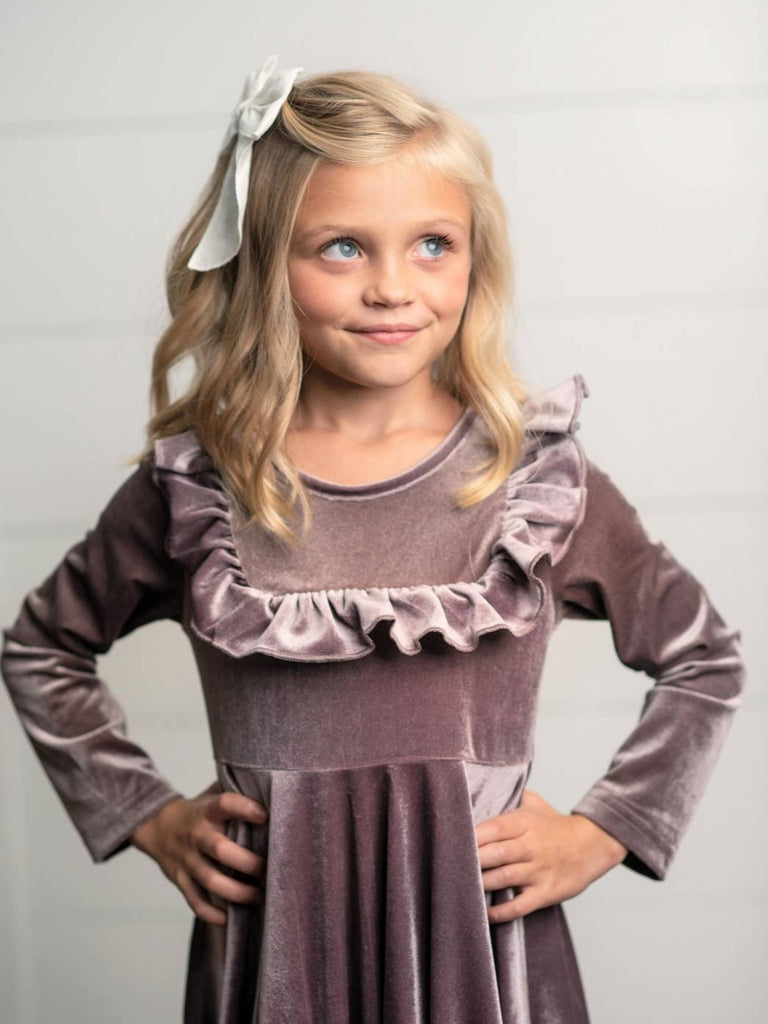 Lena Velvet Ruffle Dress - Plum - KIDS