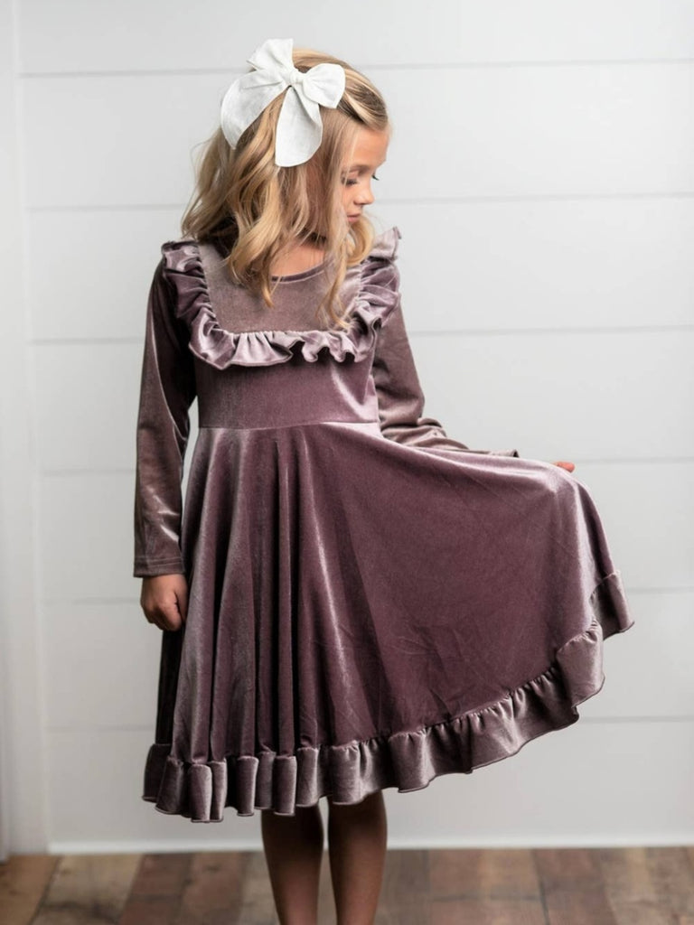 Lena Velvet Ruffle Dress - Plum - KIDS