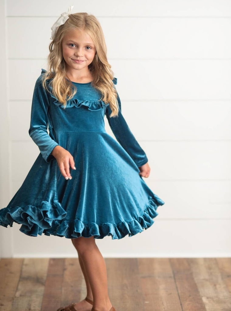 Lena Velvet Ruffle Dress - Teal