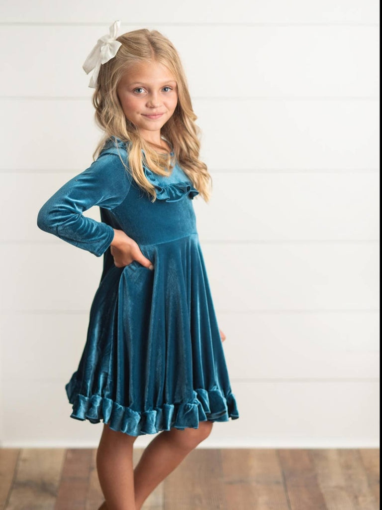 Lena Velvet Ruffle Dress - Teal