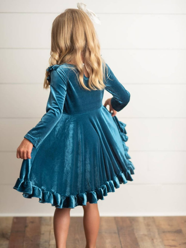 Lena Velvet Ruffle Dress - Teal