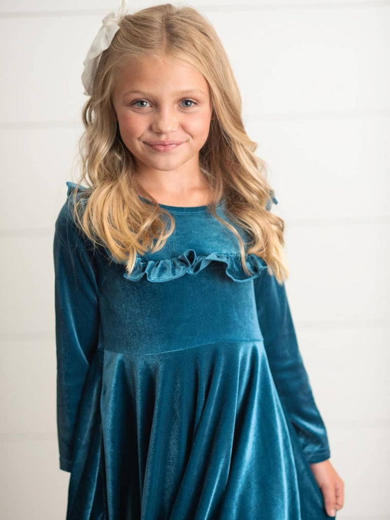 Lena Velvet Ruffle Dress - Teal