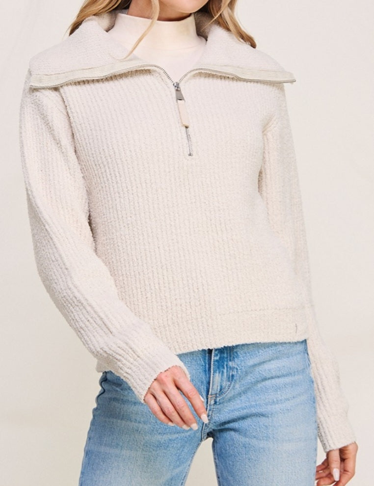 Rose Plush Zip Sweater - Vanilla