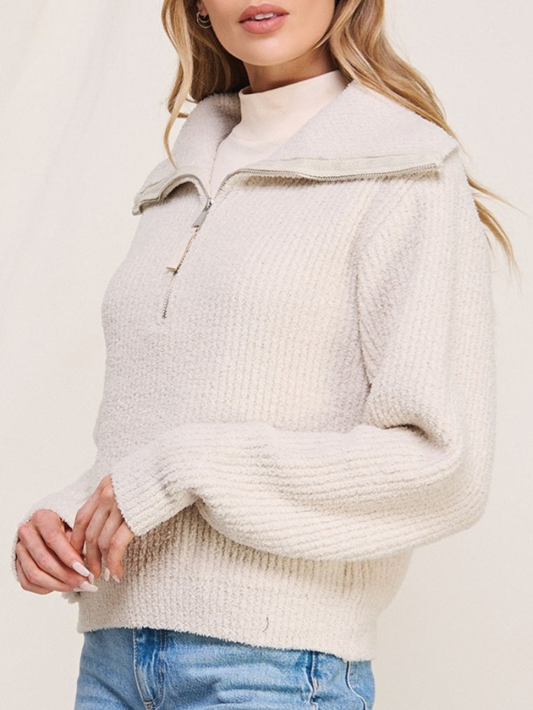 Rose Plush Zip Sweater - Vanilla