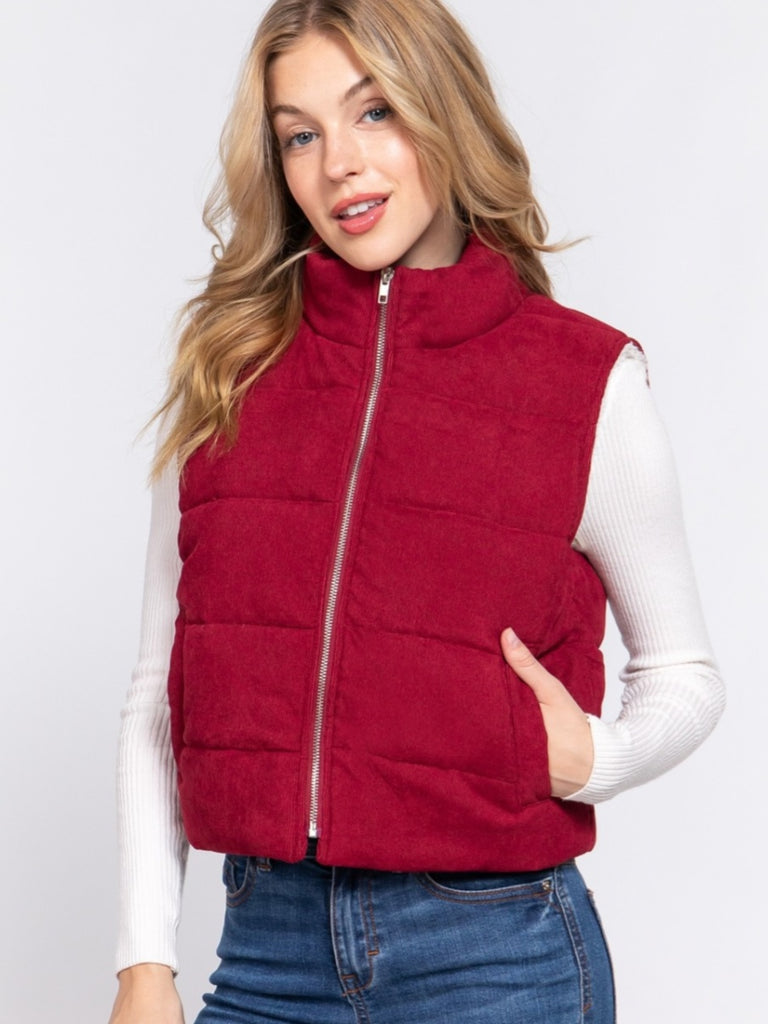 Rae Corduroy Puffer Vest - Burgundy