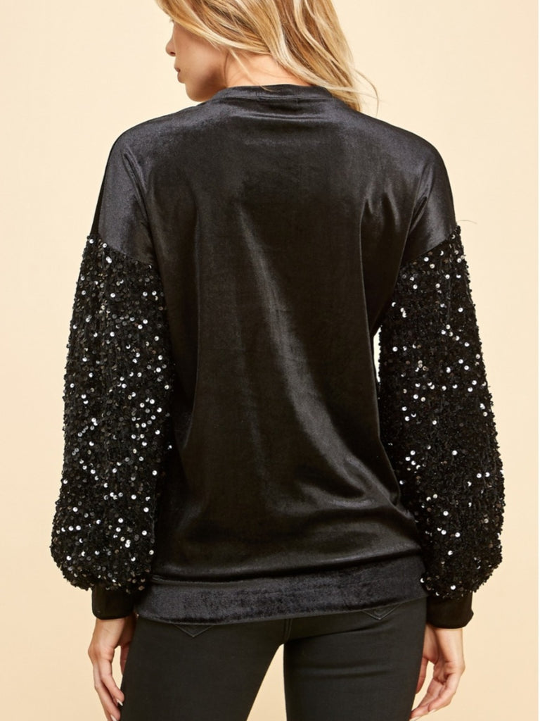 Kennadie Sequin Sleeve Velvet Blouse - Black