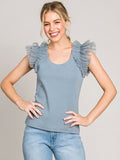 Ruffle Accent Top - Dusty Blue