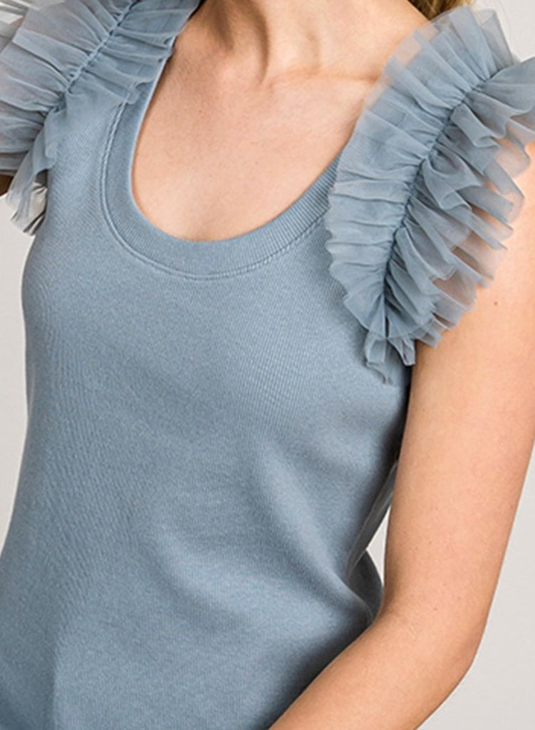 Ruffle Accent Top - Dusty Blue