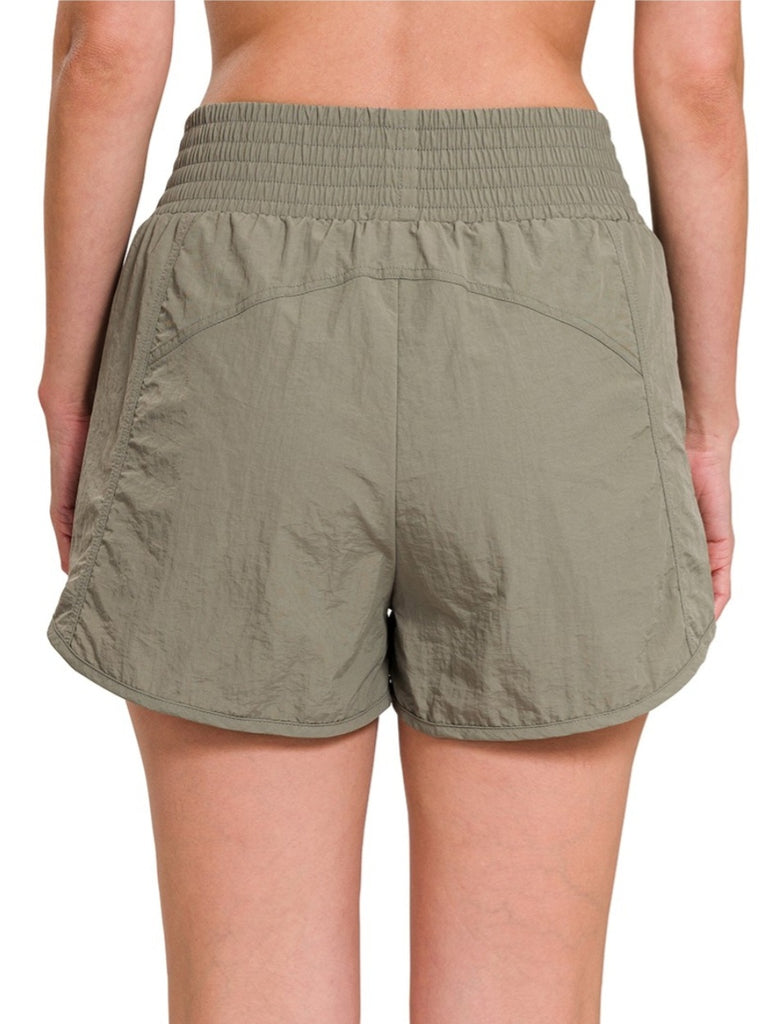 Sandra Windbreaker Smocked Running Shorts - Olive