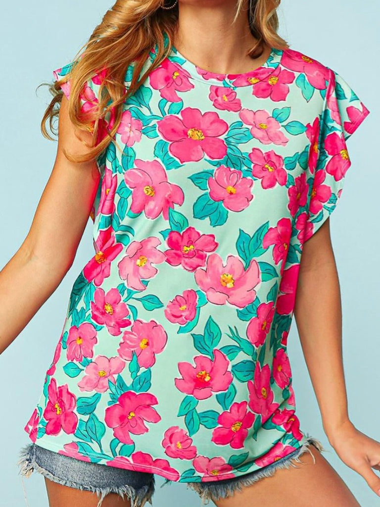 Faye Floral Flutter Sleeve - Teal/Pink - PLUS