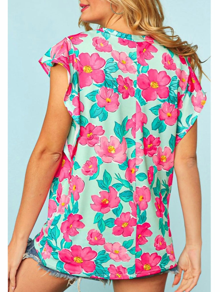 Faye Floral Flutter Sleeve - Teal/Pink - PLUS